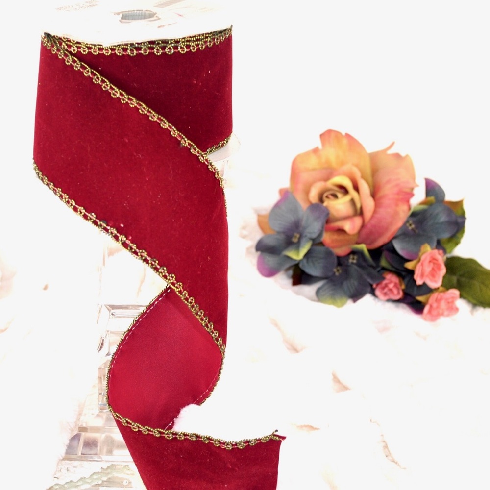 NWT burgundy velvet ribbon with gold trim